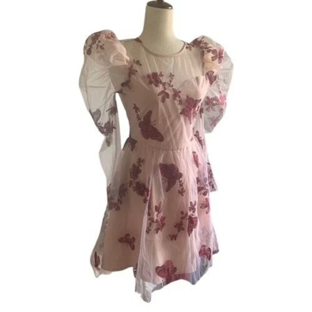Kawaii Butterfly Embroidered Mesh Puff Sleeve Mini Dress Peach Burgundy S Whimsy